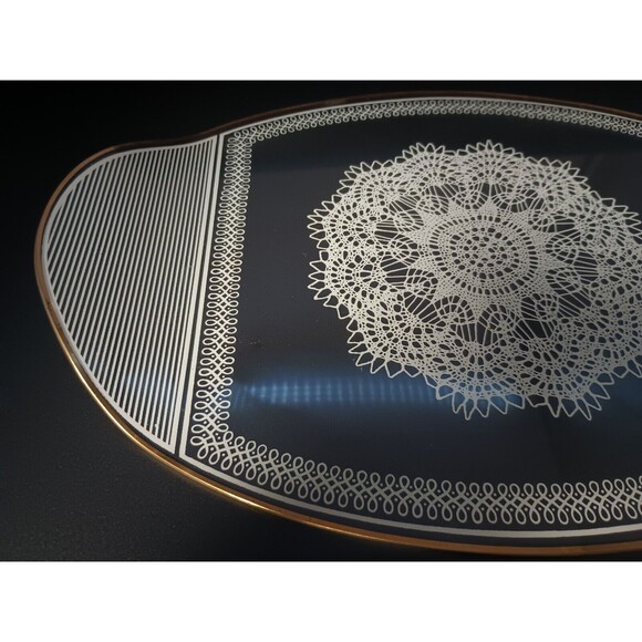 Vintage Glass Vanity Tray Oval White Doily Gold Rim - Picture 5 of 5